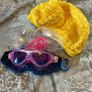 Aqua Sphere Pink Swim Goggles and Yellow swim cap. Age 3+